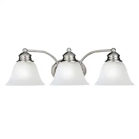 Three-light satin nickel vanity bar, 19.5 inches wide
