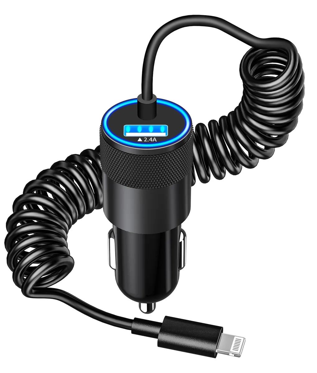 No Sew No Sew CFC68D 4.8A Car Charger 6FT Coiled Lightning Cable Ceramic Black — product photo