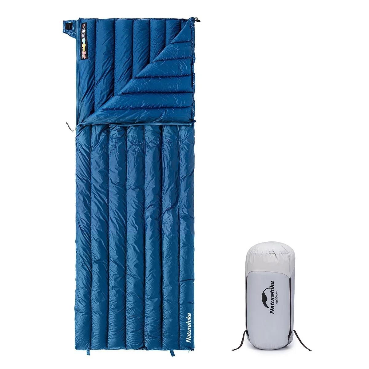 Beige rectangular down sleeping bag with zipper, short size, lightweight nylon shell