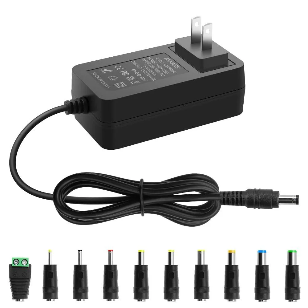  Arkare 12V 5A 60W AC 100-240V DC Power Supply Adapter with 10 Tips 4.9FT — product photo