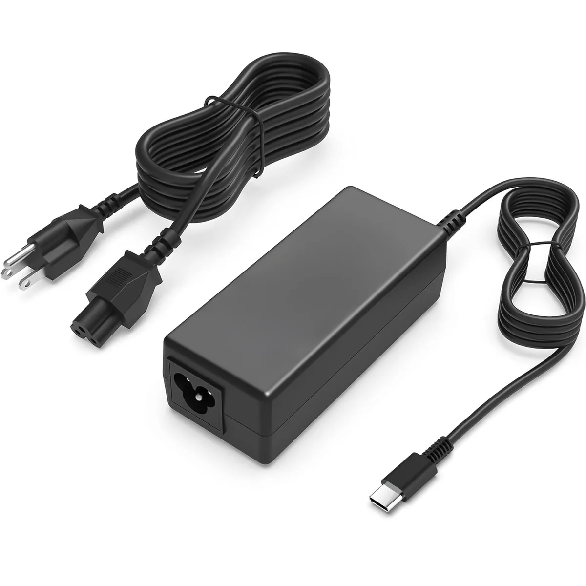 Compact black USB-C laptop charger with detachable mains lead