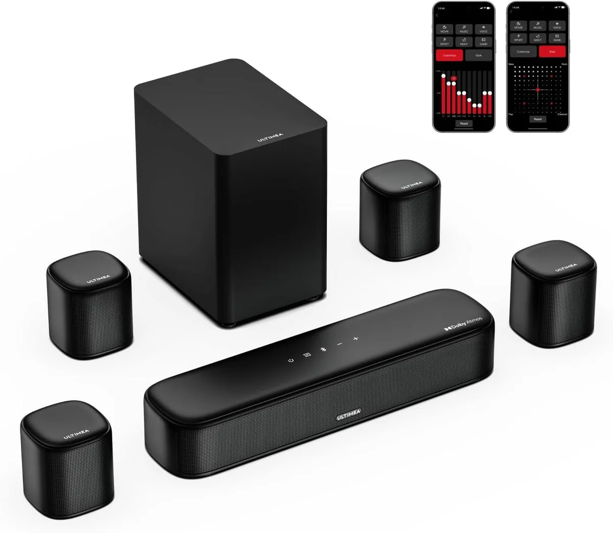 BFKK Aura A60 sound bar with wireless rear speakers and wired subwoofer