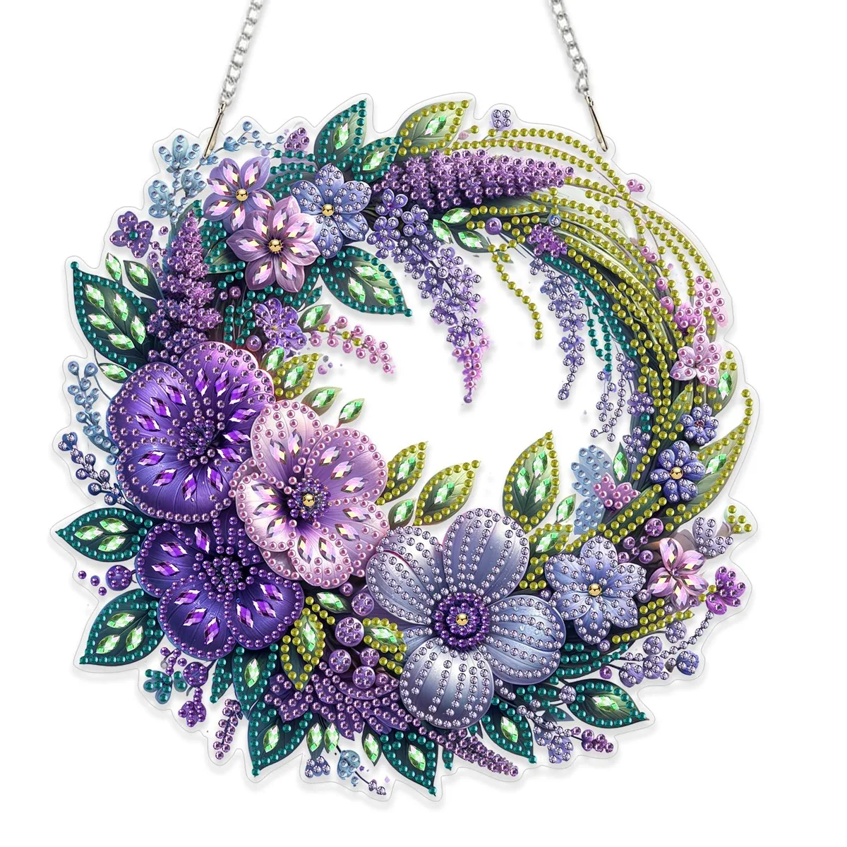 Acrylic diamond art hanging kit with flower wreath design, chain and tools