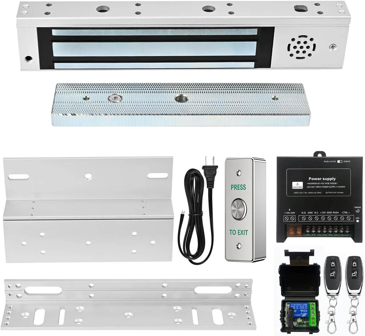 Magnetic lock kit with power supply controller, exit button and remote controller