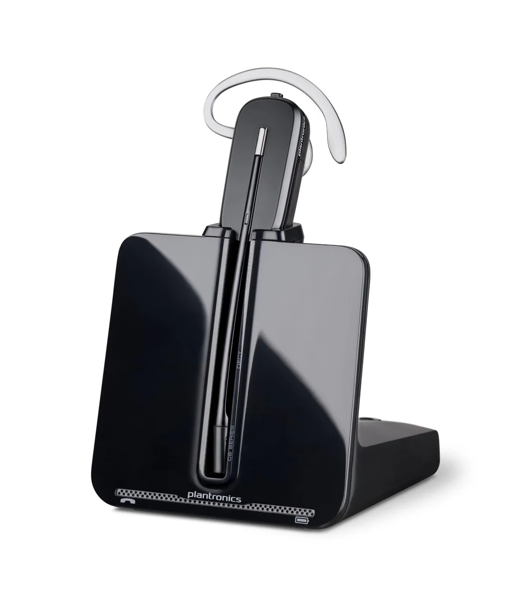 Plantronics CS540 wireless headset on charging base with HL10 handset lifter attached