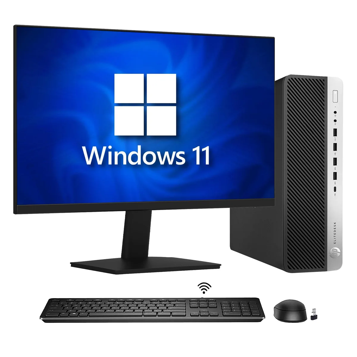 HP HP EliteDesk 800 G4 SFF desktop PC i7-8700 32GB 2TB NVMe 24" monitor — product photo