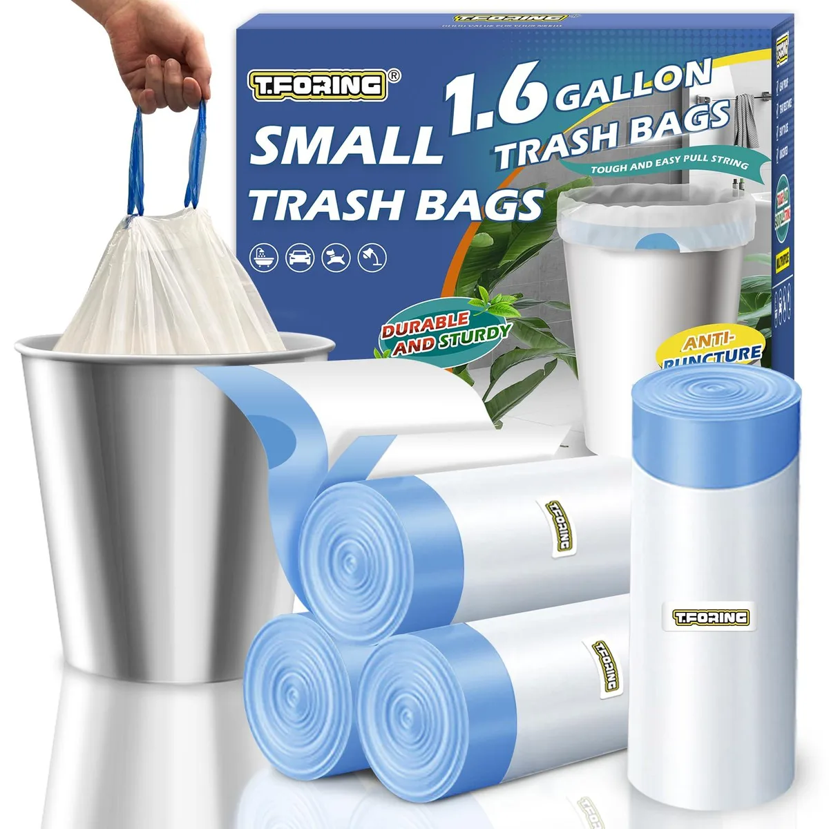 White drawstring trash bags on four rolls, 120 count, 1.6 gallon size
