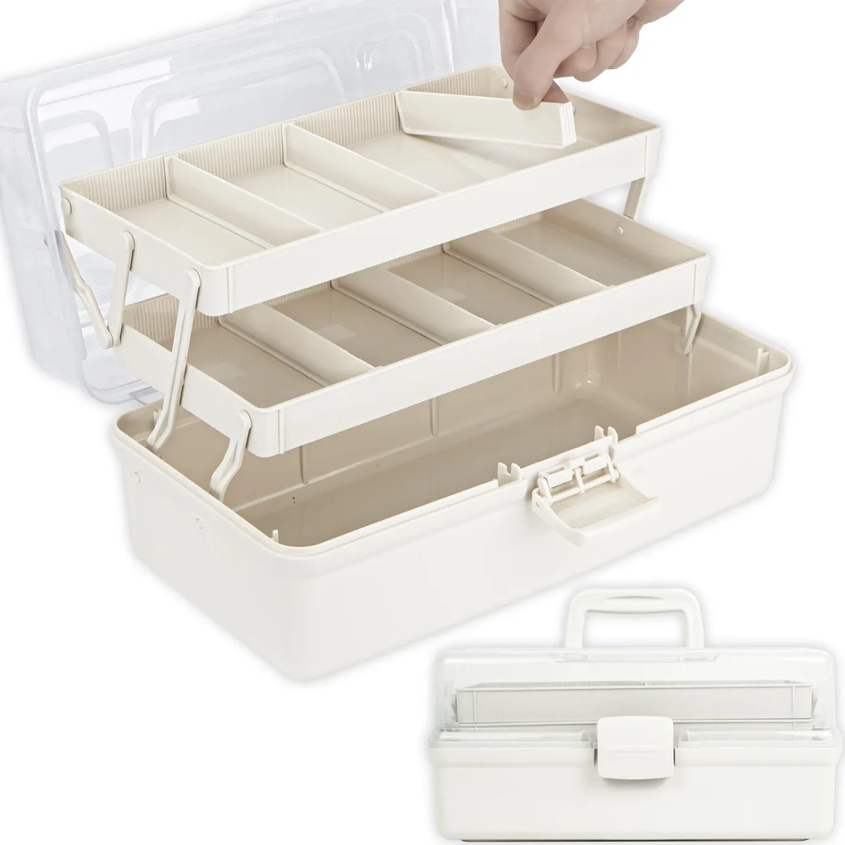 White three-layer plastic storage box with folding trays and adjustable dividers, portable handle, 12.5in long
