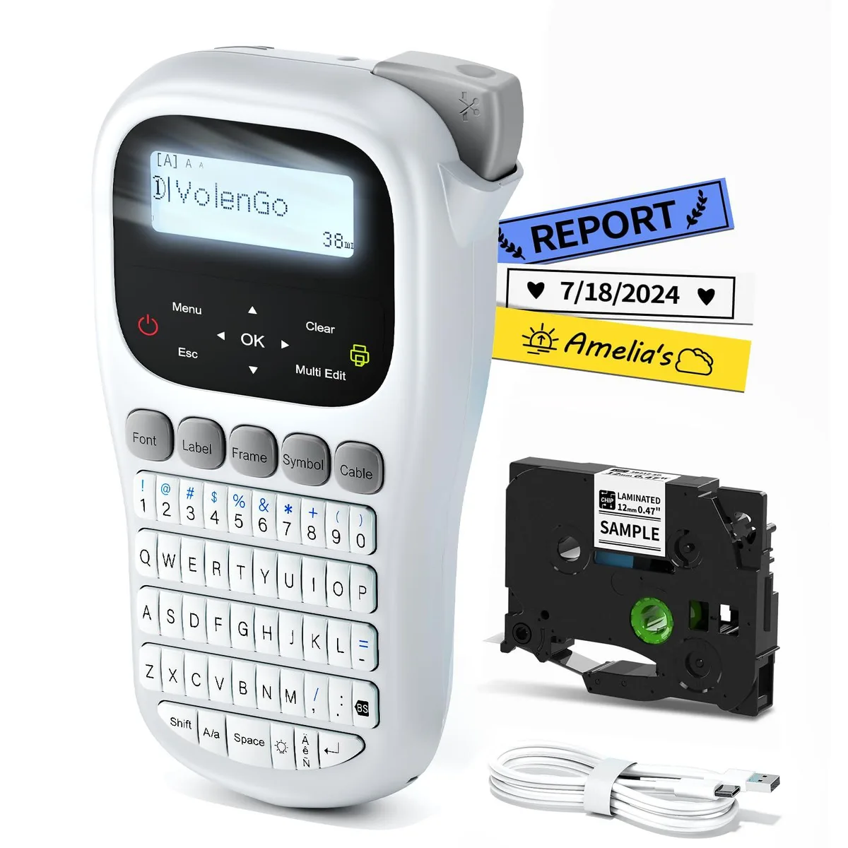 White handheld label maker with backlit screen and QWERTY keyboard, 12mm tape slot visible