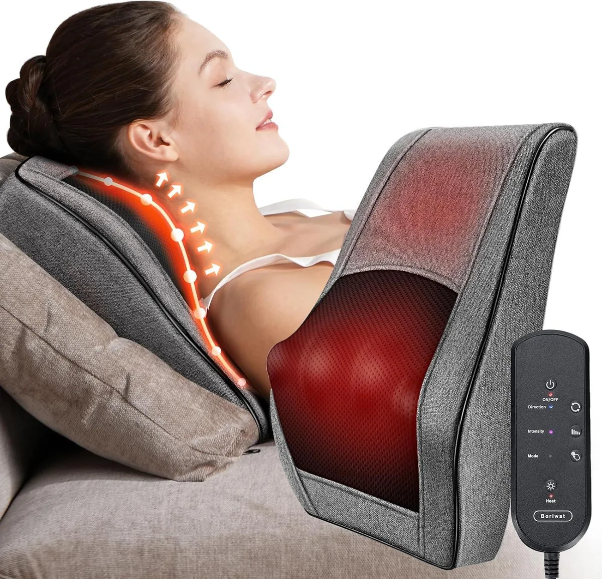 Gray rectangular massage pillow, faux leather finish, 14.5 by 11.25 by 3.4 cm
