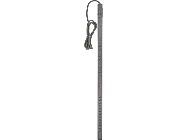 Black vertical metal strip with 24 white outlets and a thick power cord