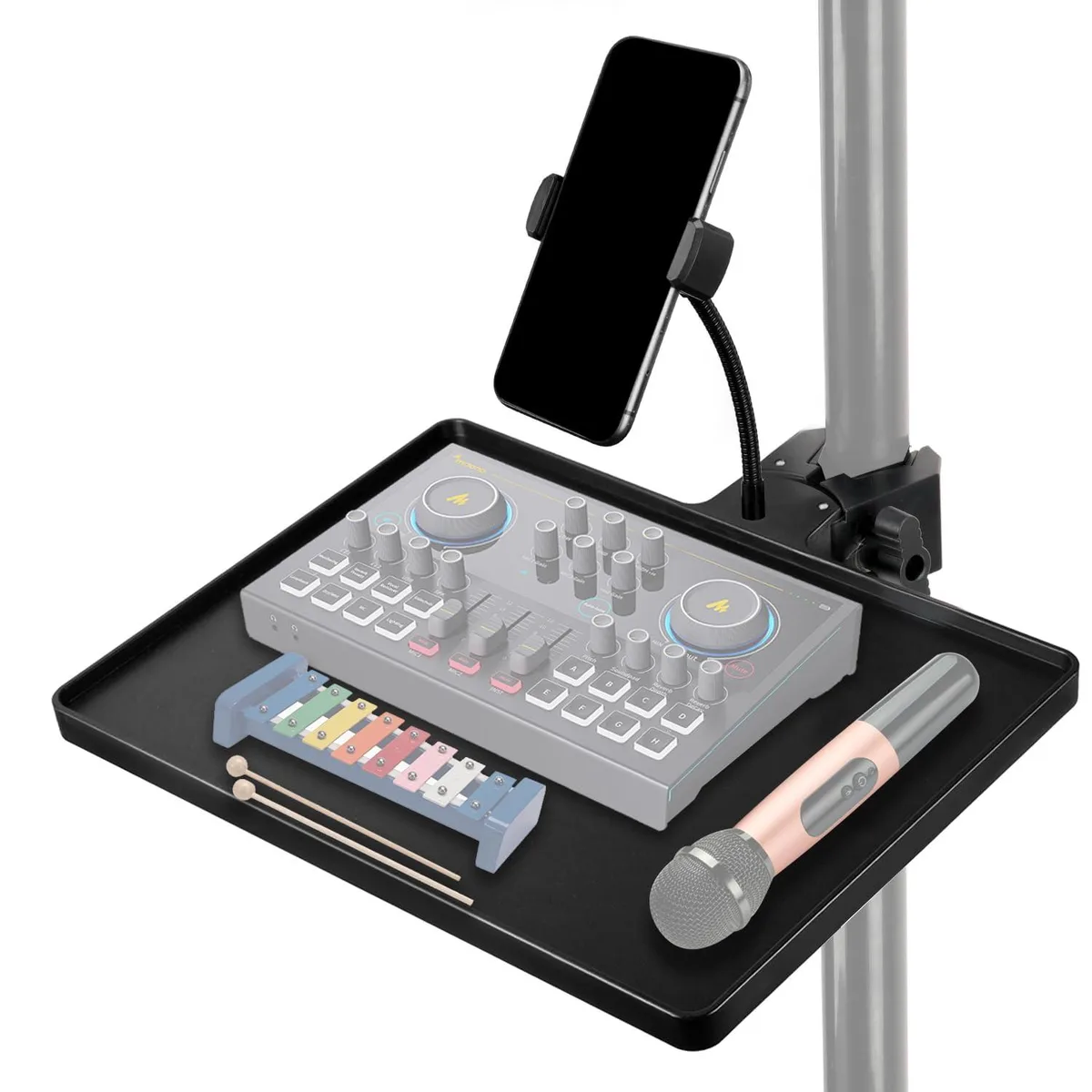 koolehaoda MS-9 Mic Stand Tray with Phone Holder & Crab Clamp 10.6" x 8 — product photo