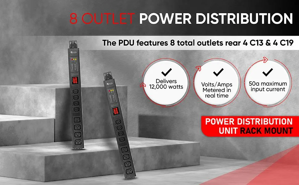 Valiant Power Valiant Power Metered PDU 208-250V 50A L6-50P 4×C13 4×C19 1U Vertical 12000W — product photo