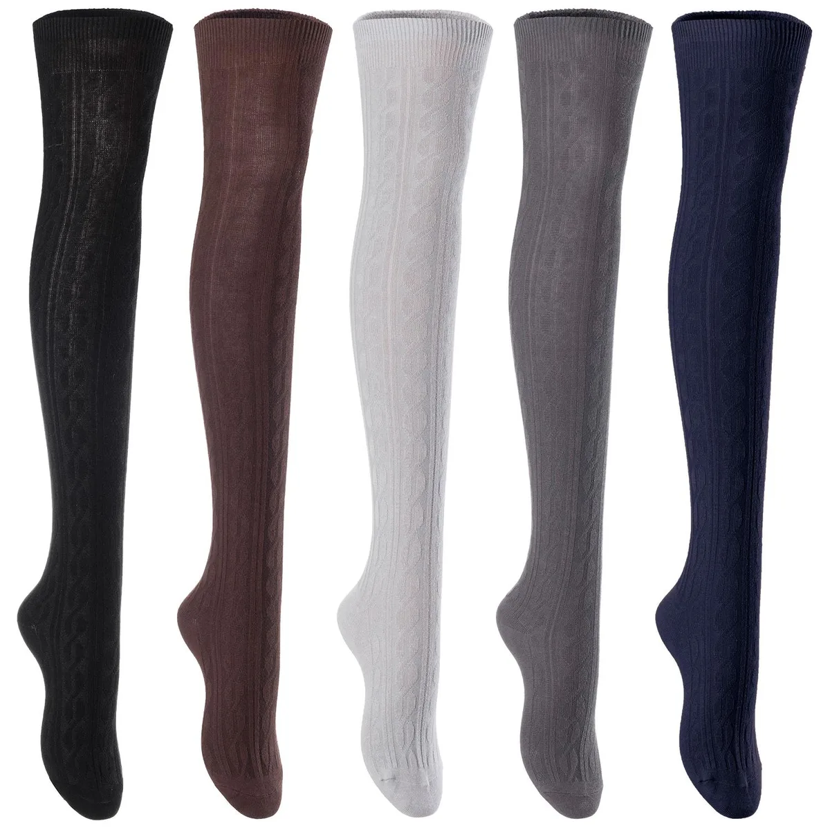 Five pairs of thigh-high cotton socks in black coffee grey dark grey and navy displayed flat