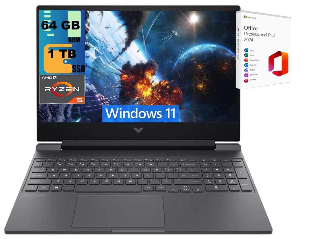 HP HP Victus 15 gaming laptop 64GB 1TB AMD Ryzen 5 7535HS Radeon RX 6550M — product photo