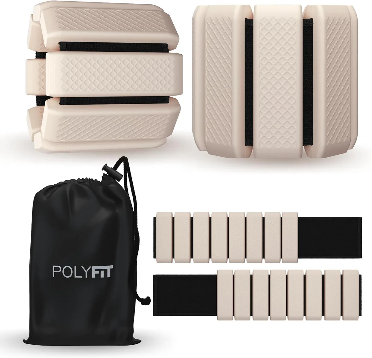 Pair of sand-coloured wrist and ankle weights with adjustable straps