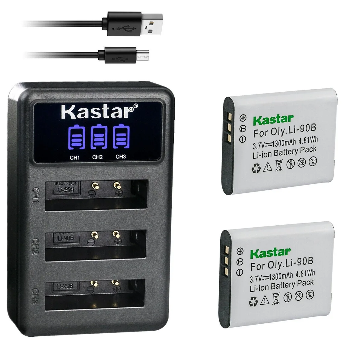 Kastar Kastar 2-pack LI-90B batteries + triple USB charger — product photo