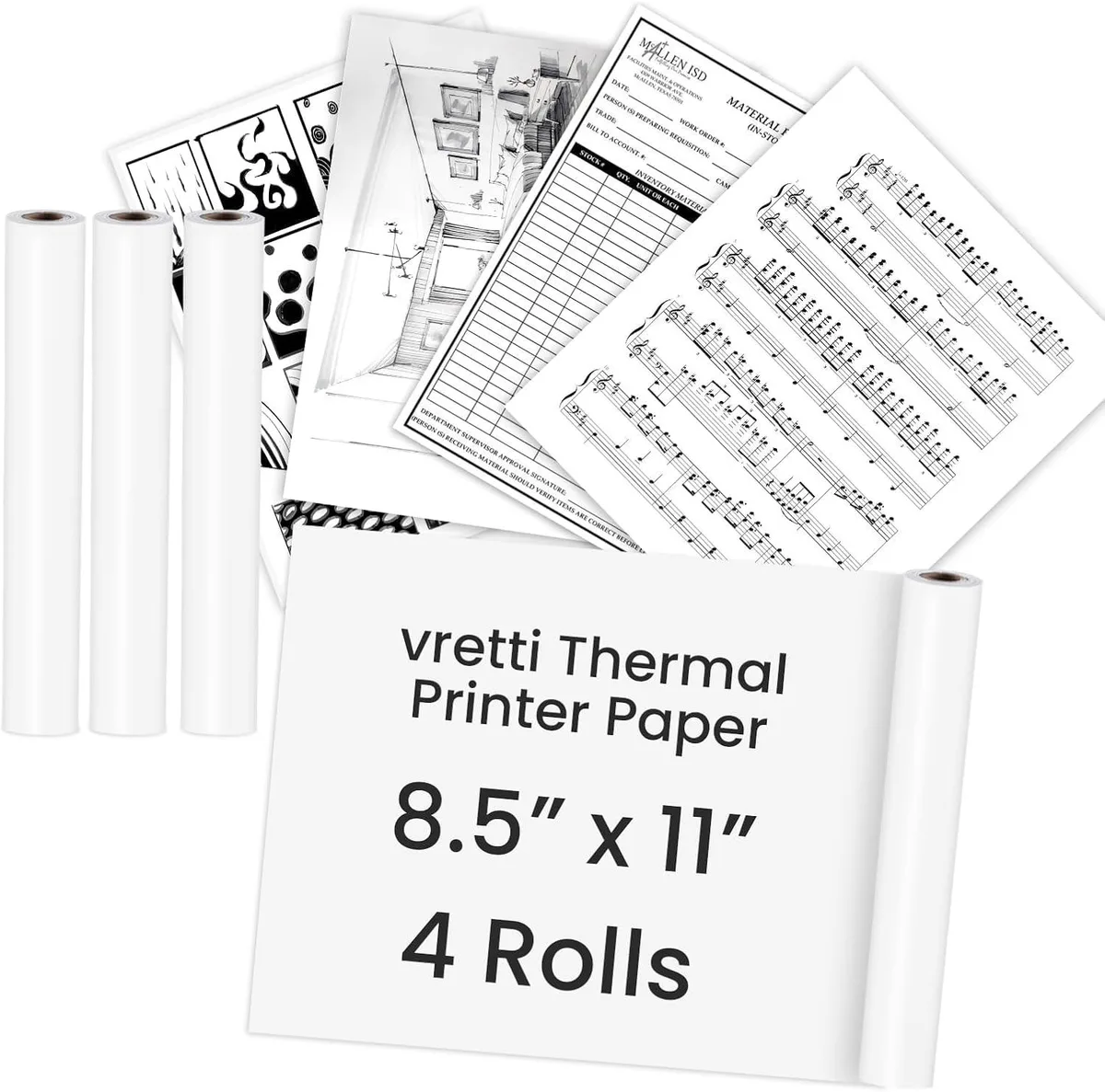 Four white rolls of US Letter thermal paper, 216 mm wide