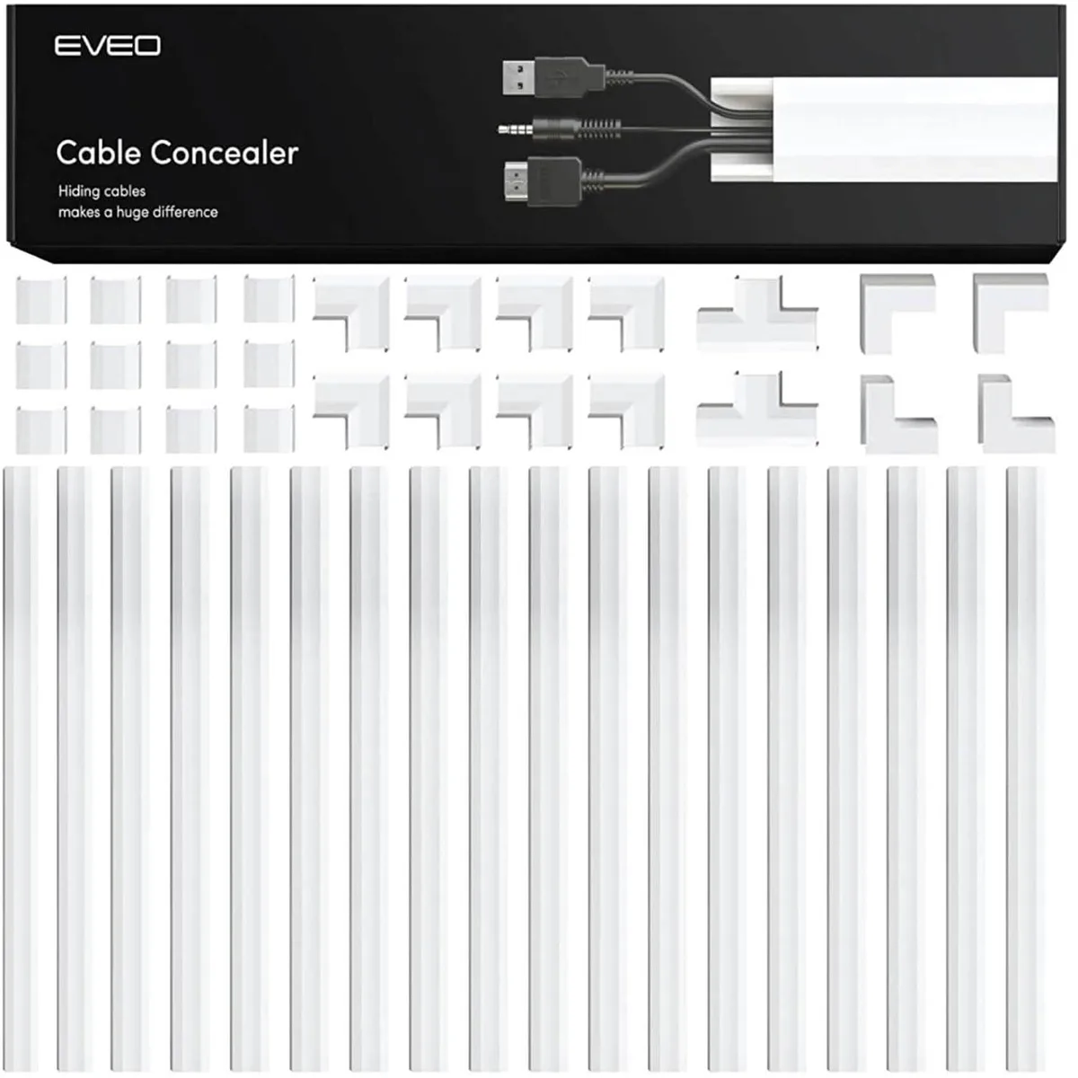 White self-adhesive PVC cable raceway, 16 inches long, slim rectangular profile