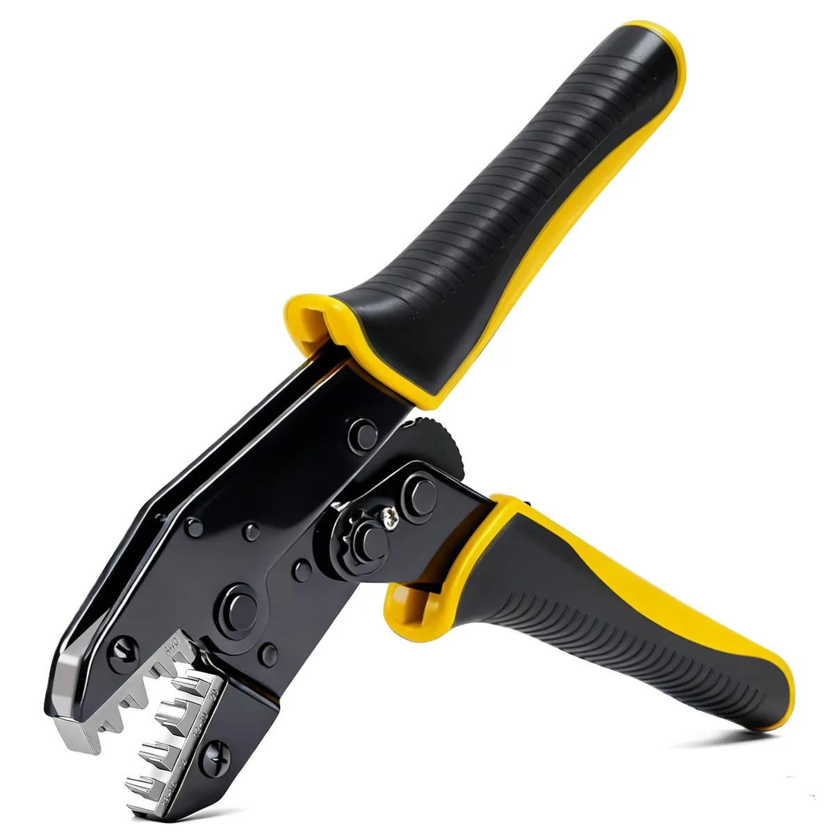 Red ratchet crimping tool with textured nylon handles and quick-release lever