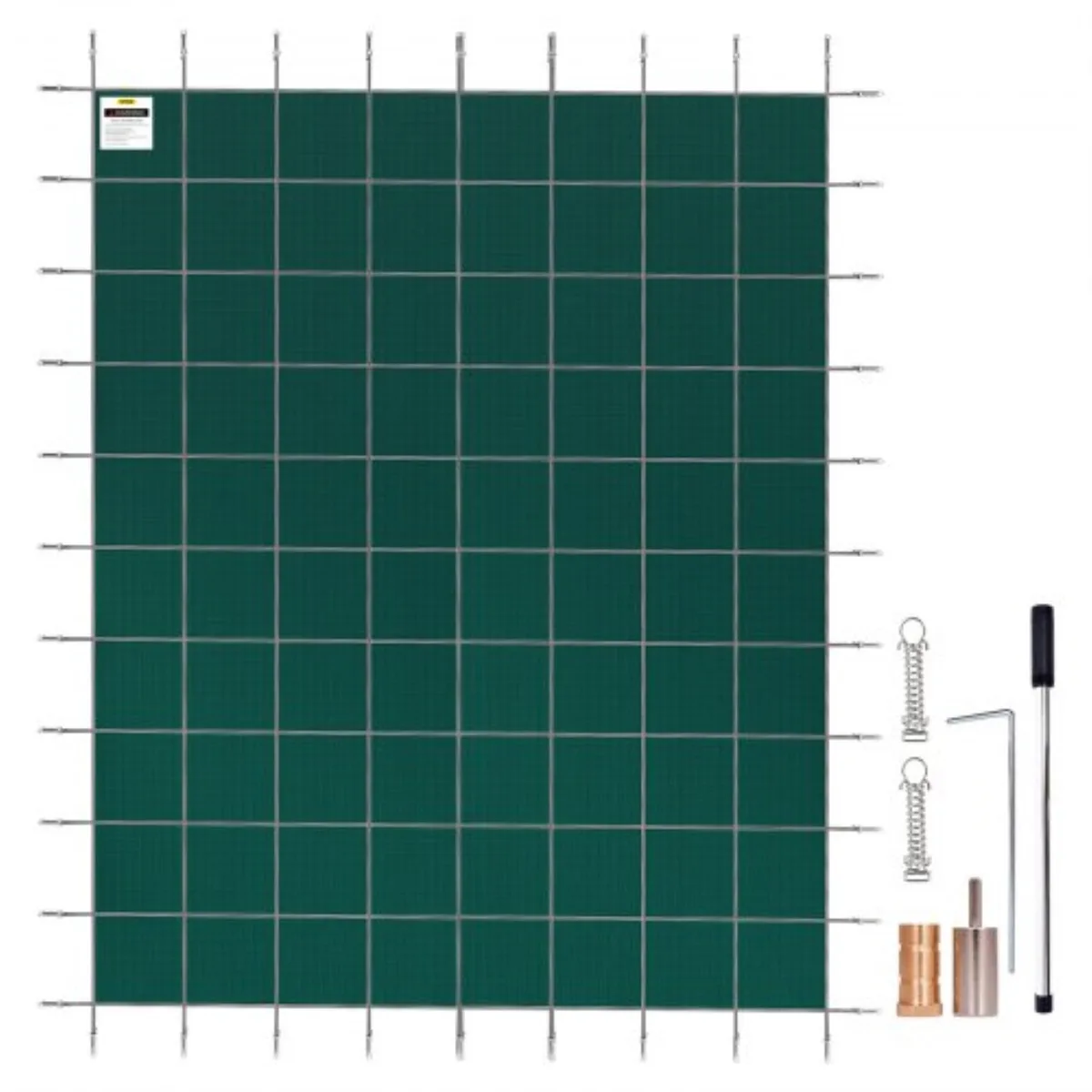Green rectangular mesh pool cover 20 x 42 ft with brass anchors and stainless steel springs