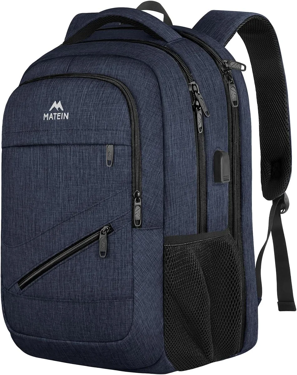 Dark blue laptop backpack with trolley sleeve and USB port