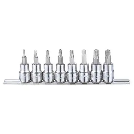Clear case holding eight chrome Torx socket bits T15 to T47