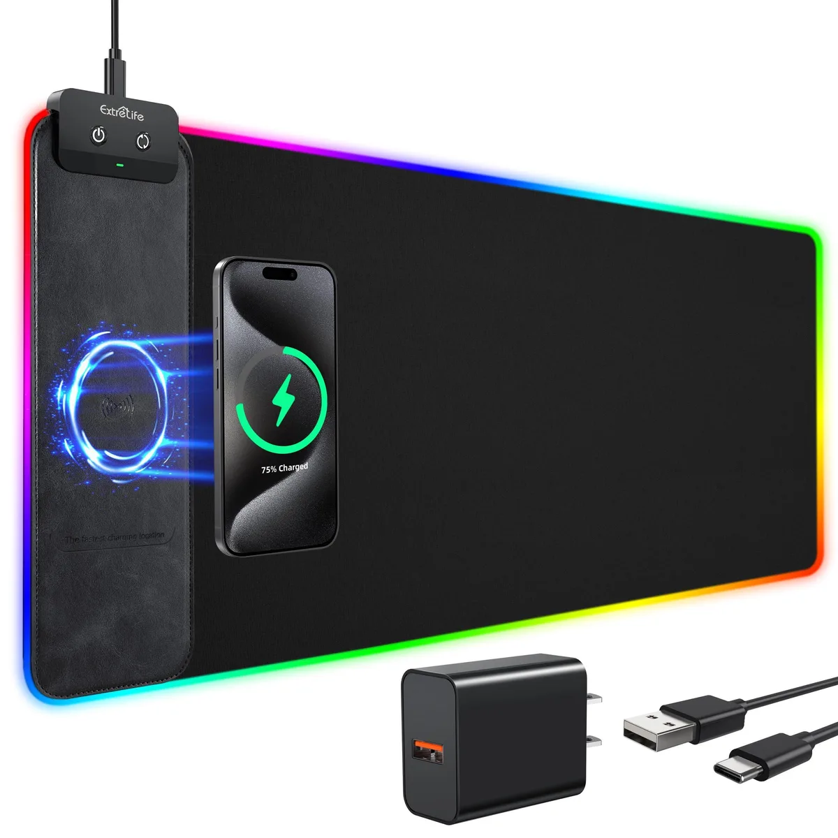  ExtreLife XY18U30-QC RGB Wireless Charging Mouse Pad 31.5x11.8in 10W Carbon Black — product photo