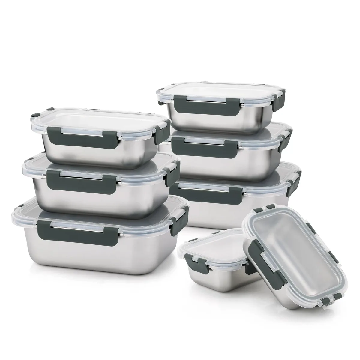 Eight red silicone food storage containers stacked together