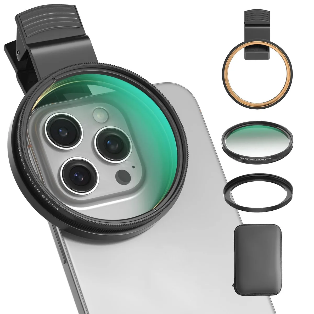  67mm CPL Filter for Phone/DSLR with Universal Clip and Adapter Ring — product photo