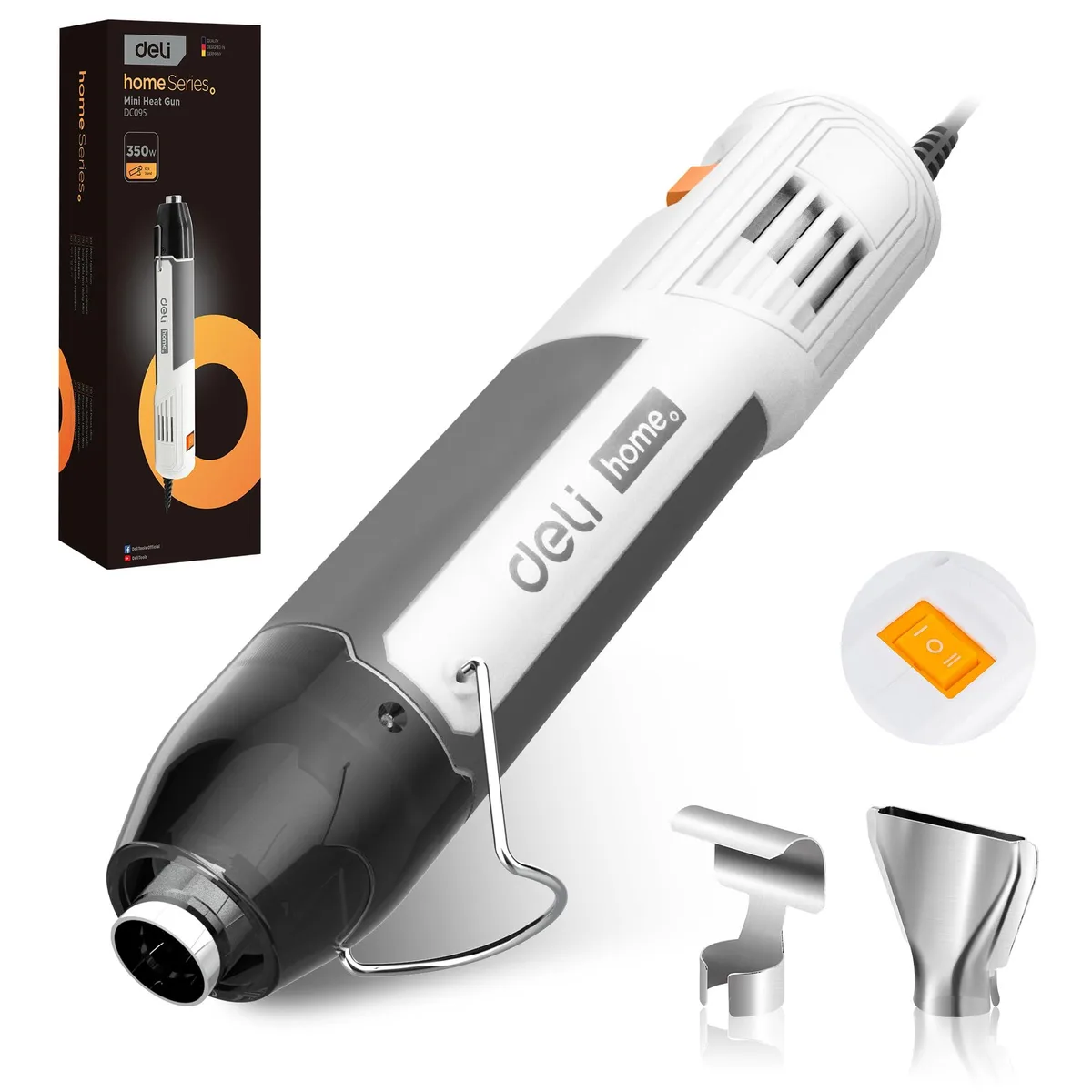 White mini heat gun with reflector nozzle and extra nozzles, 6 ft cable, compact ergonomic design