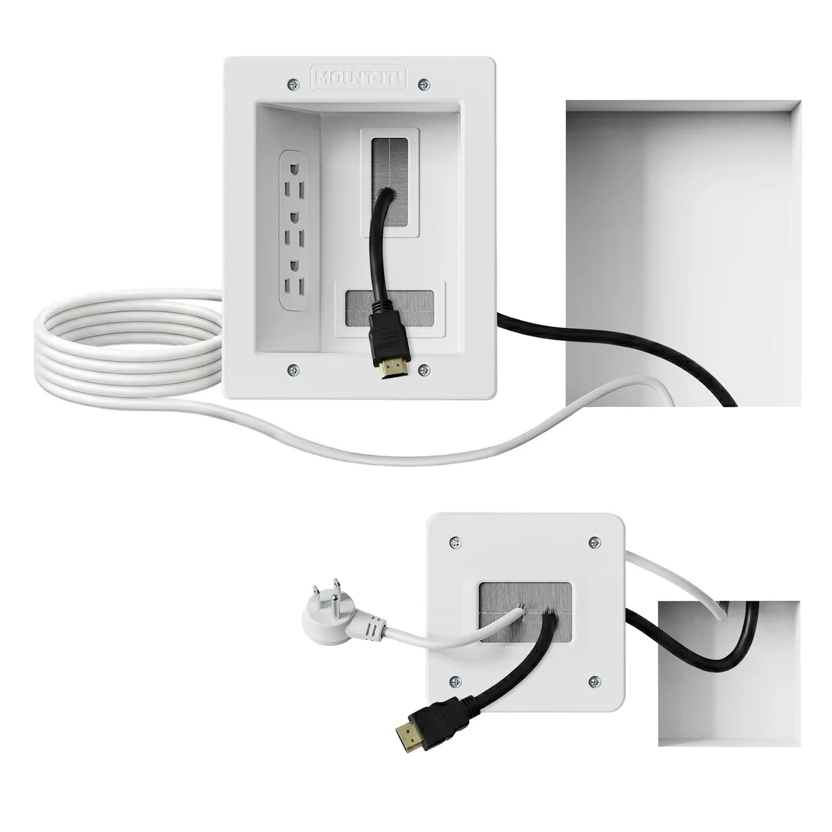 White rectangular wall plate with recessed black outlet and cable pass-through, drywall saw and template included