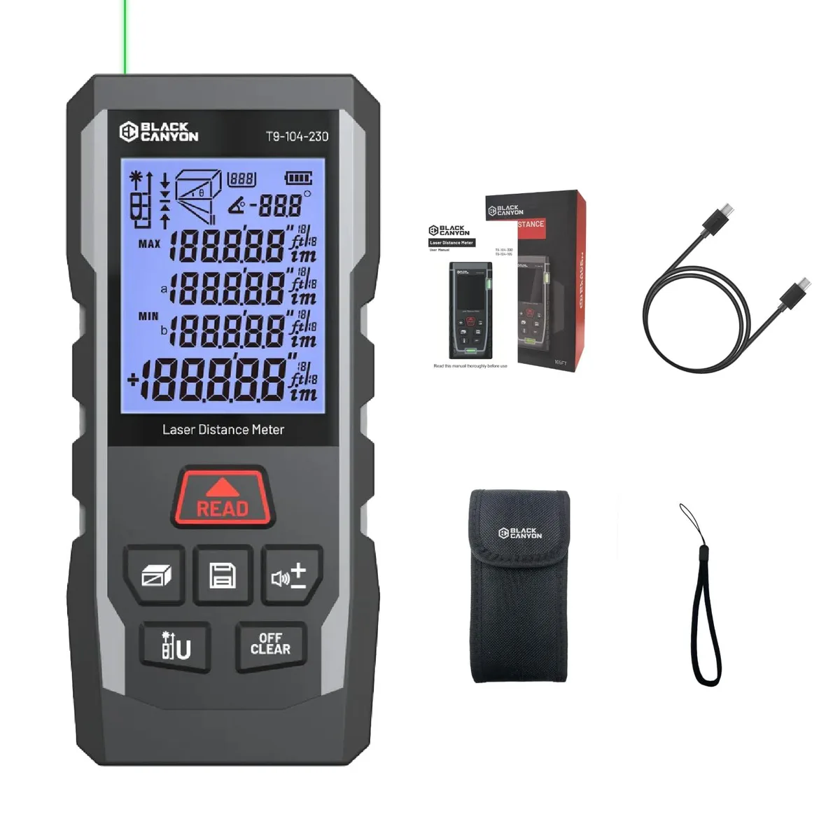 Blue plastic laser distance meter with wrist strap and velvet pouch