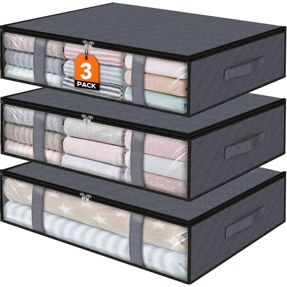 Three rectangular gray fabric storage bags with clear front windows and zippered tops, folded flat