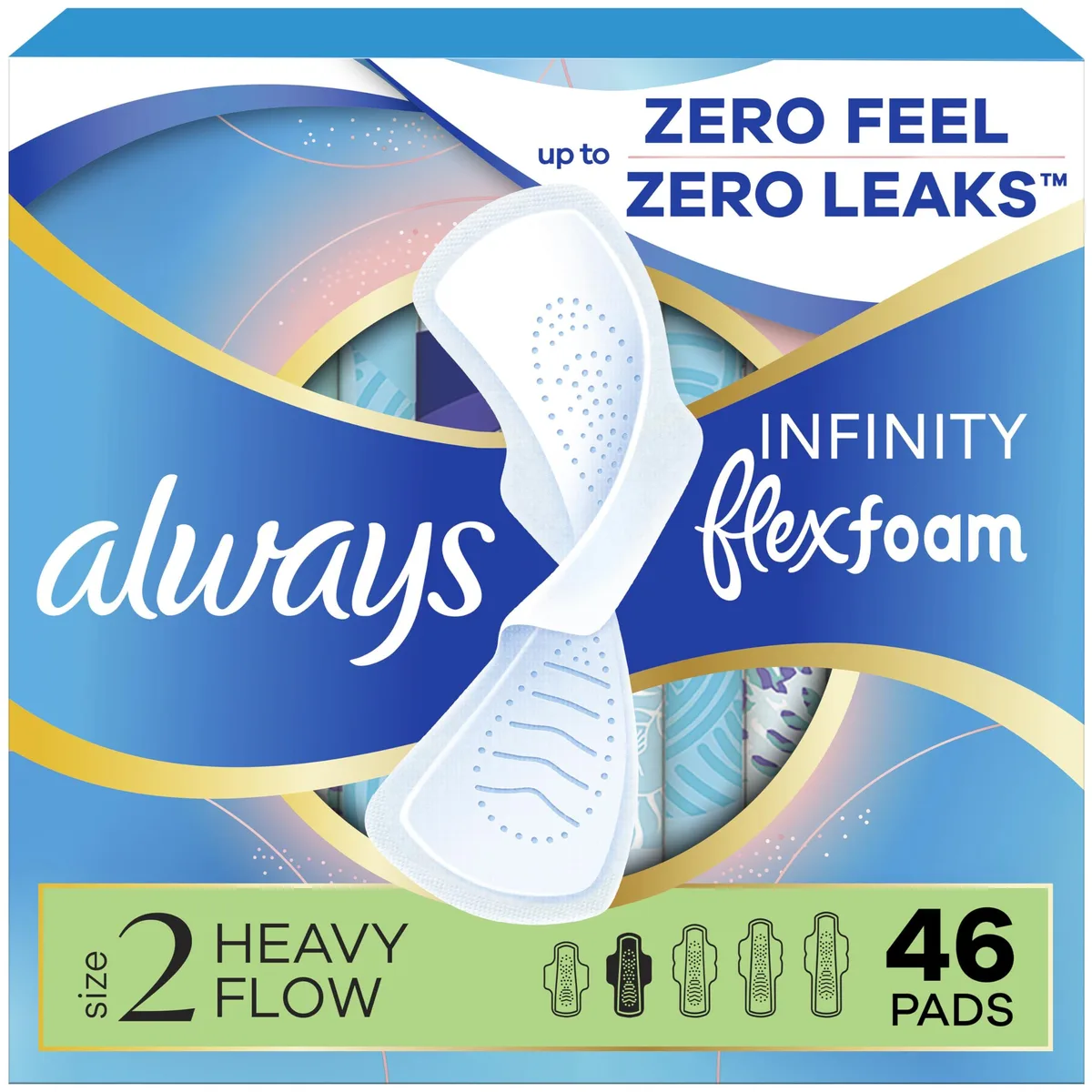 A box of 46 Always Flexfoam pads with wings, size 2, heavy absorbency, unscented