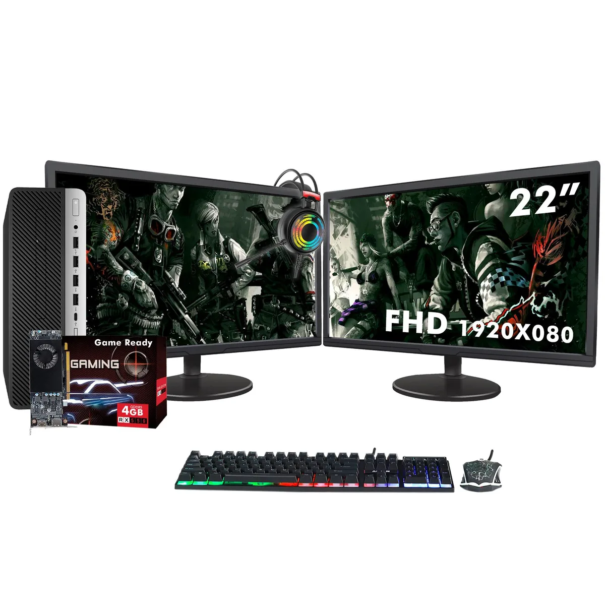 HP HP ProDesk 600 G3 SFF Desktop PC, Core i5-6500, 32GB DDR4, 512GB SSD, RX 550, Dual 22" FHD Monitor — product photo
