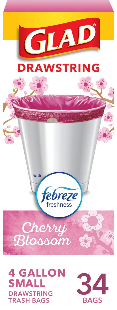 A pink box of thirty-four scented drawstring trash bags