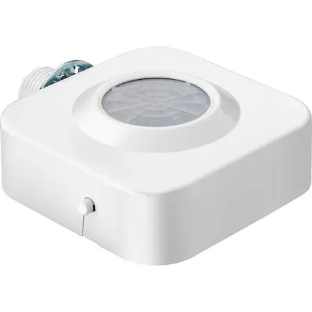 White rectangular fixture mount sensor with lens and wiring terminals
