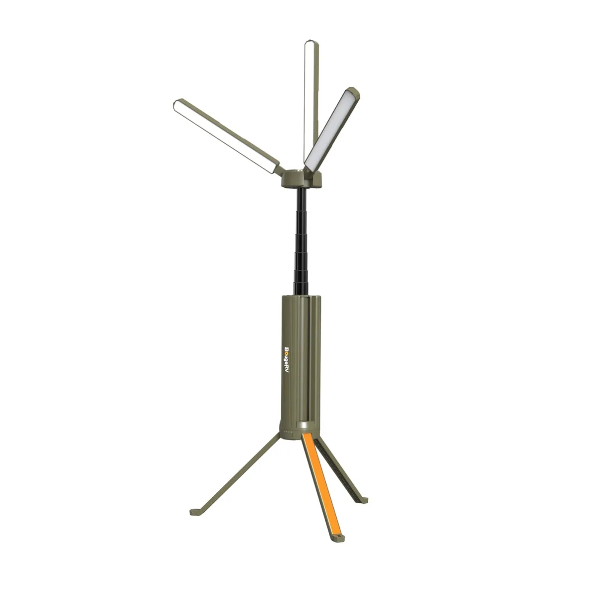 Black telescopic camping lantern, extends from 10.6 to 64.57 inches, three rotatable LED panels, USB-C charging, includes storage bag