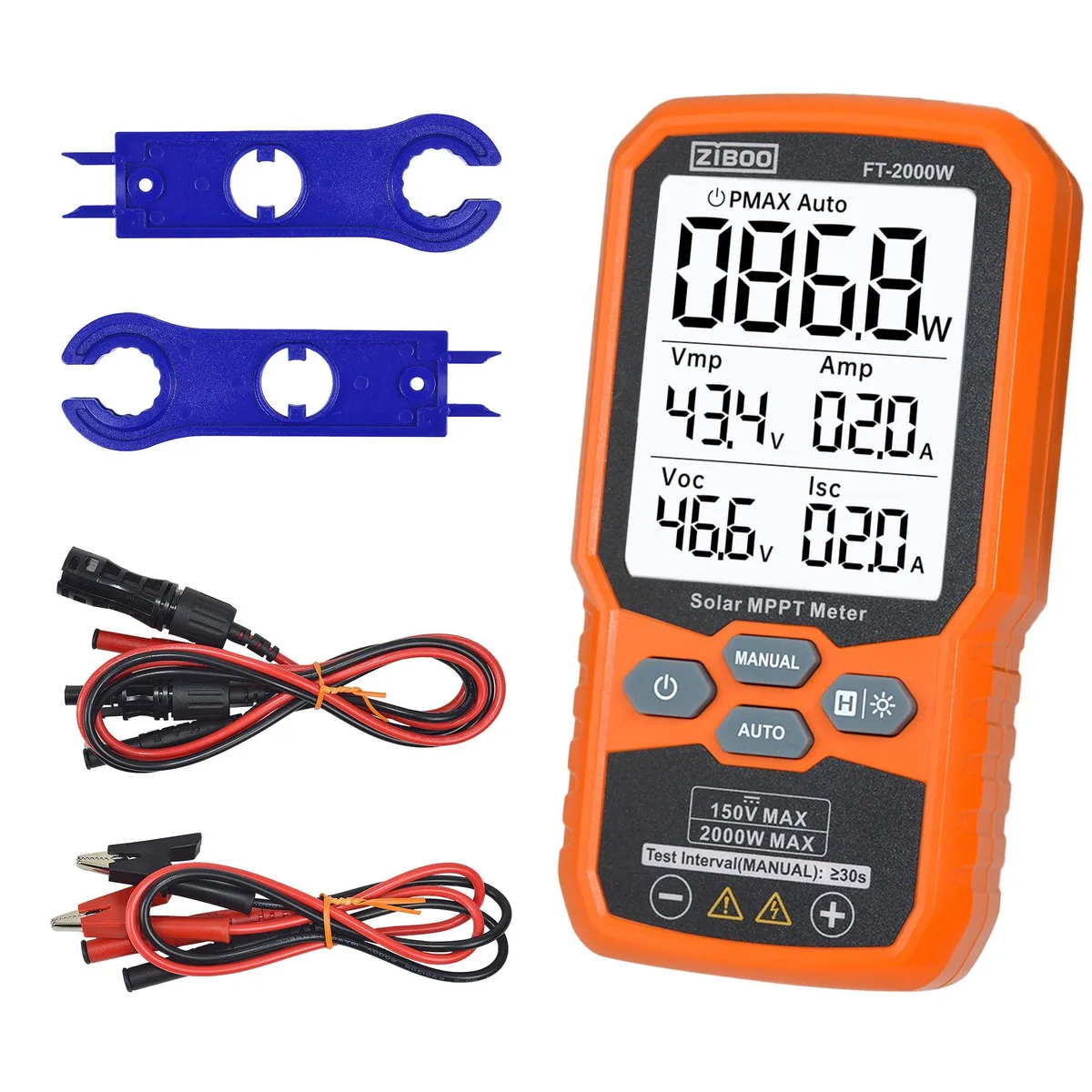 Yellow handheld solar tester with backlit LCD screen and probes