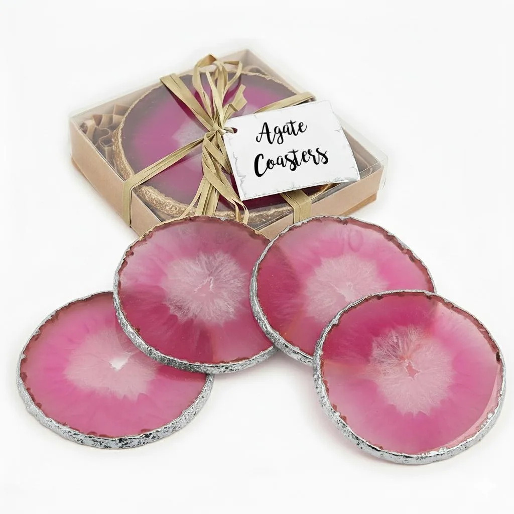 Vandue Corporation Vandue Corporation Agate Stone Coasters Set of 4 Pink Silver Edge — product photo