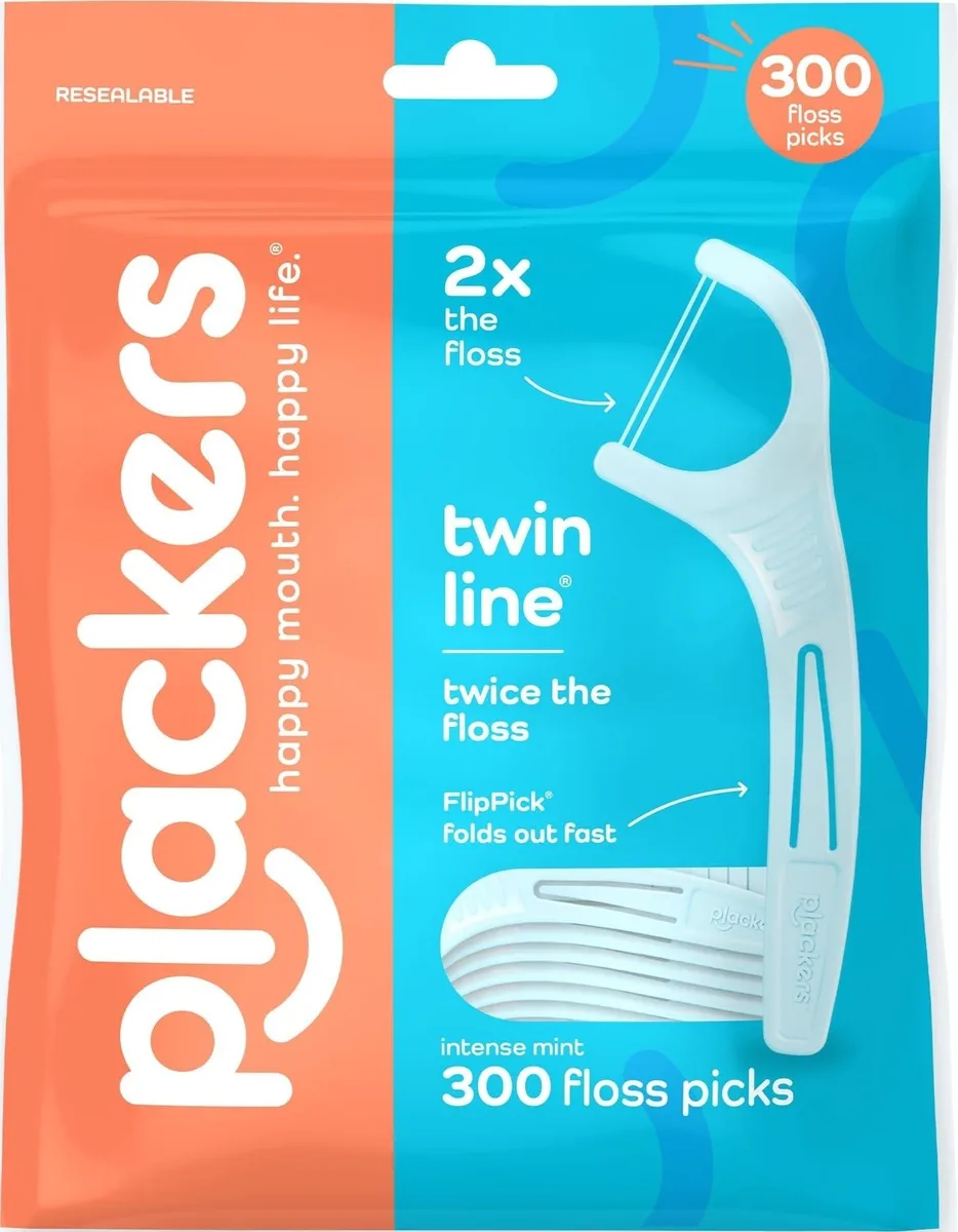 Blue resealable pack of 300 twin-line mint floss picks with fold-out toothpicks