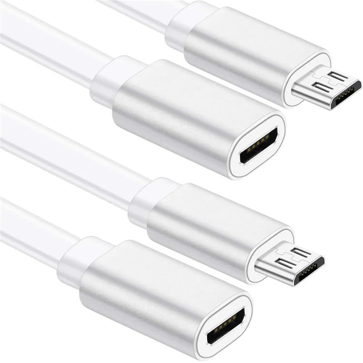Two white flat Micro USB extension cables with male to female connectors and cable clips