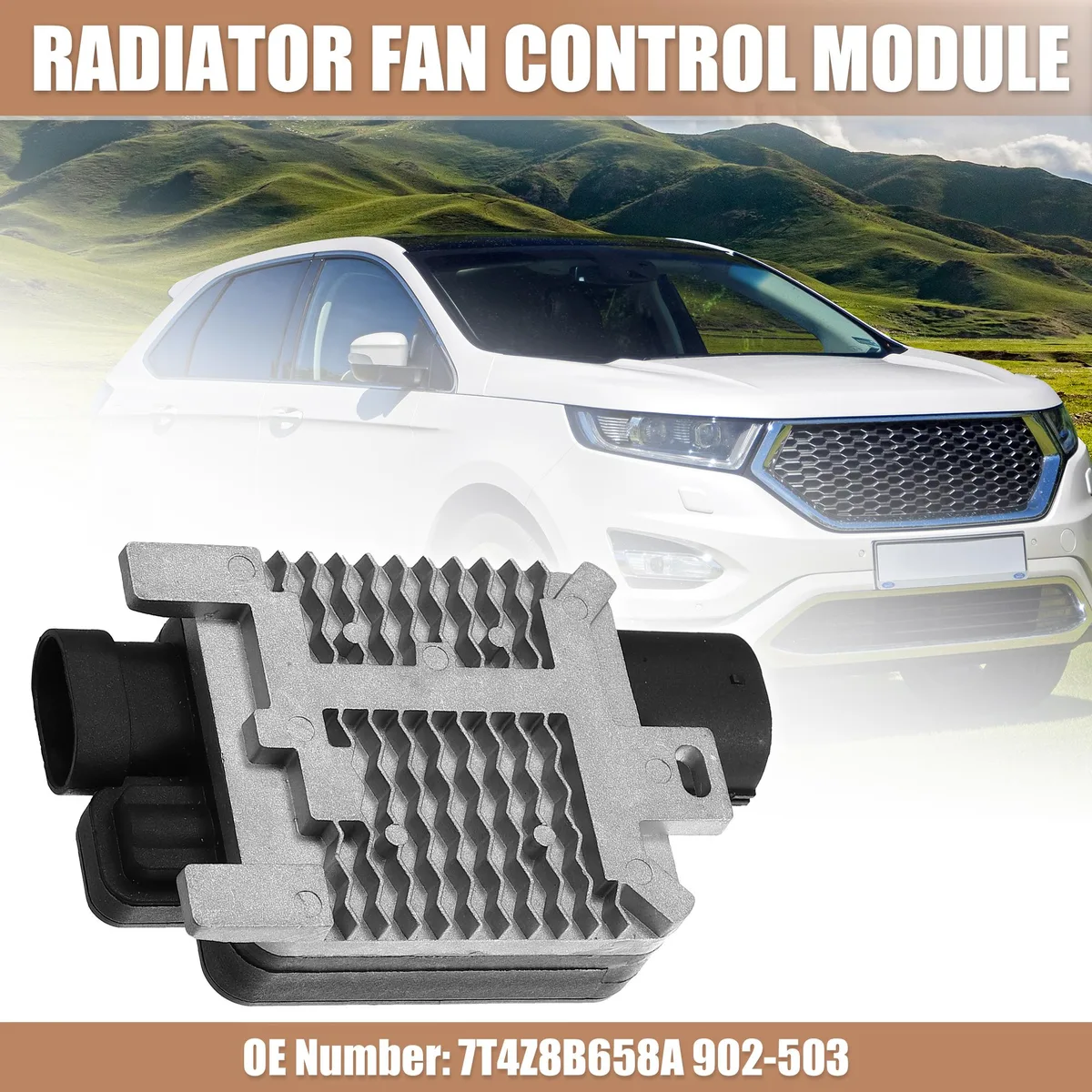 Rectangular black plastic module with metal heat sink and electrical connector