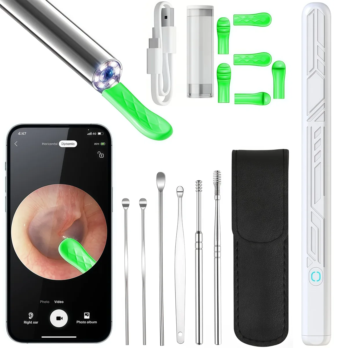 White ear camera tool with LED lights and silicone tips