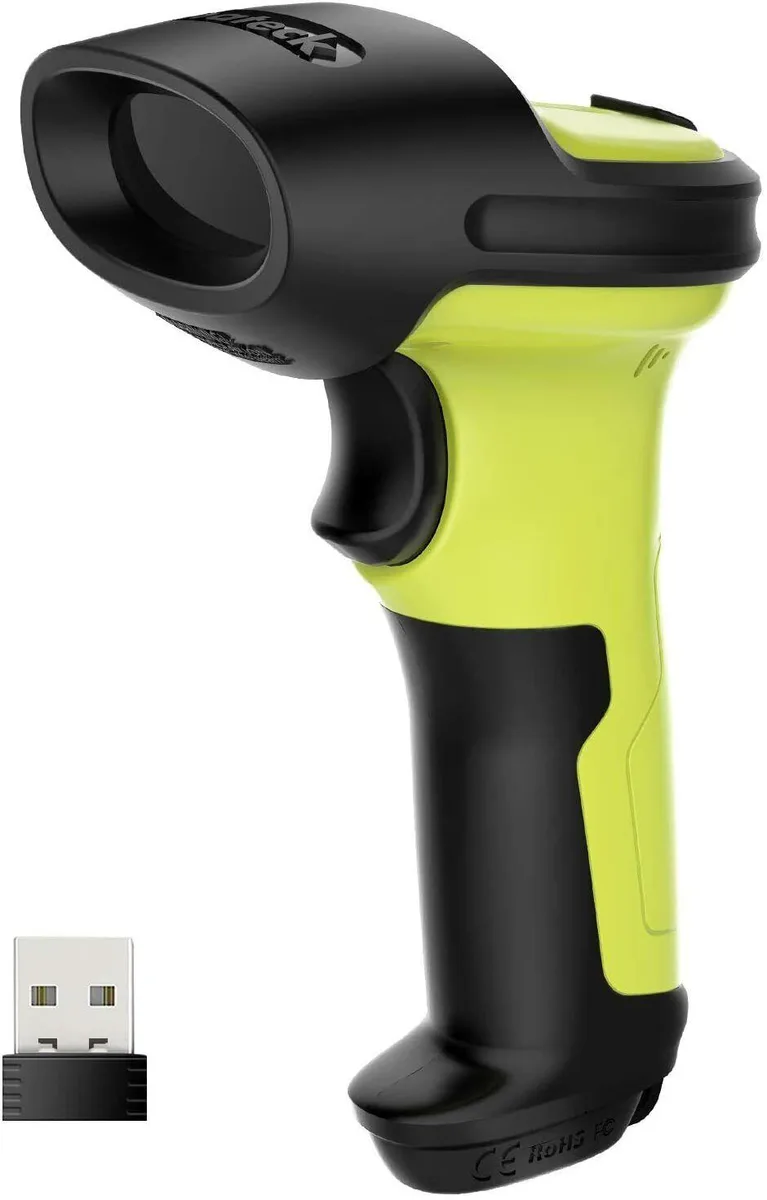 Handheld wireless barcode scanner with rubberised protective shell and USB dongle