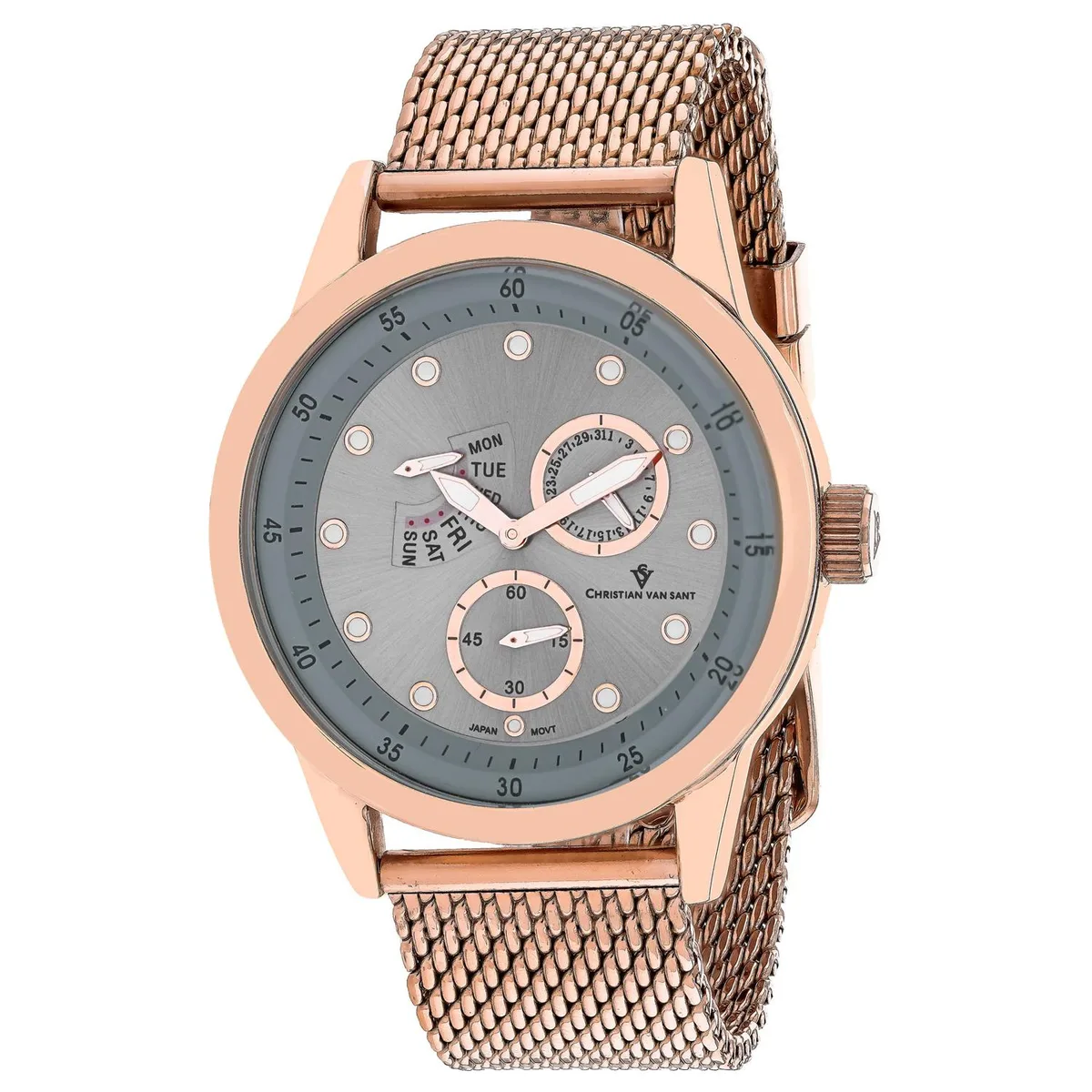 Silver dial watch with rose gold stainless steel case and bracelet