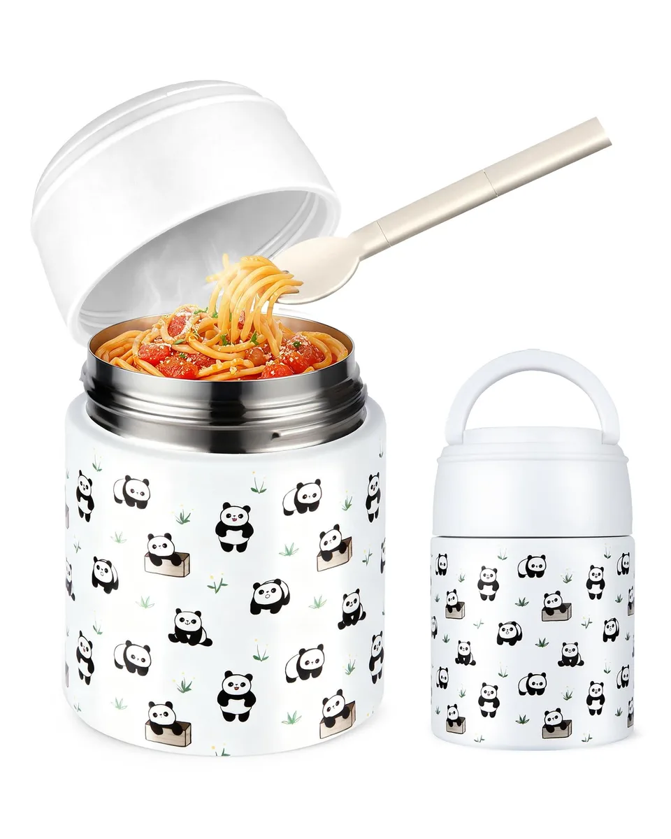 Red 10oz insulated food jar with wide mouth and folding spoon stored in lid