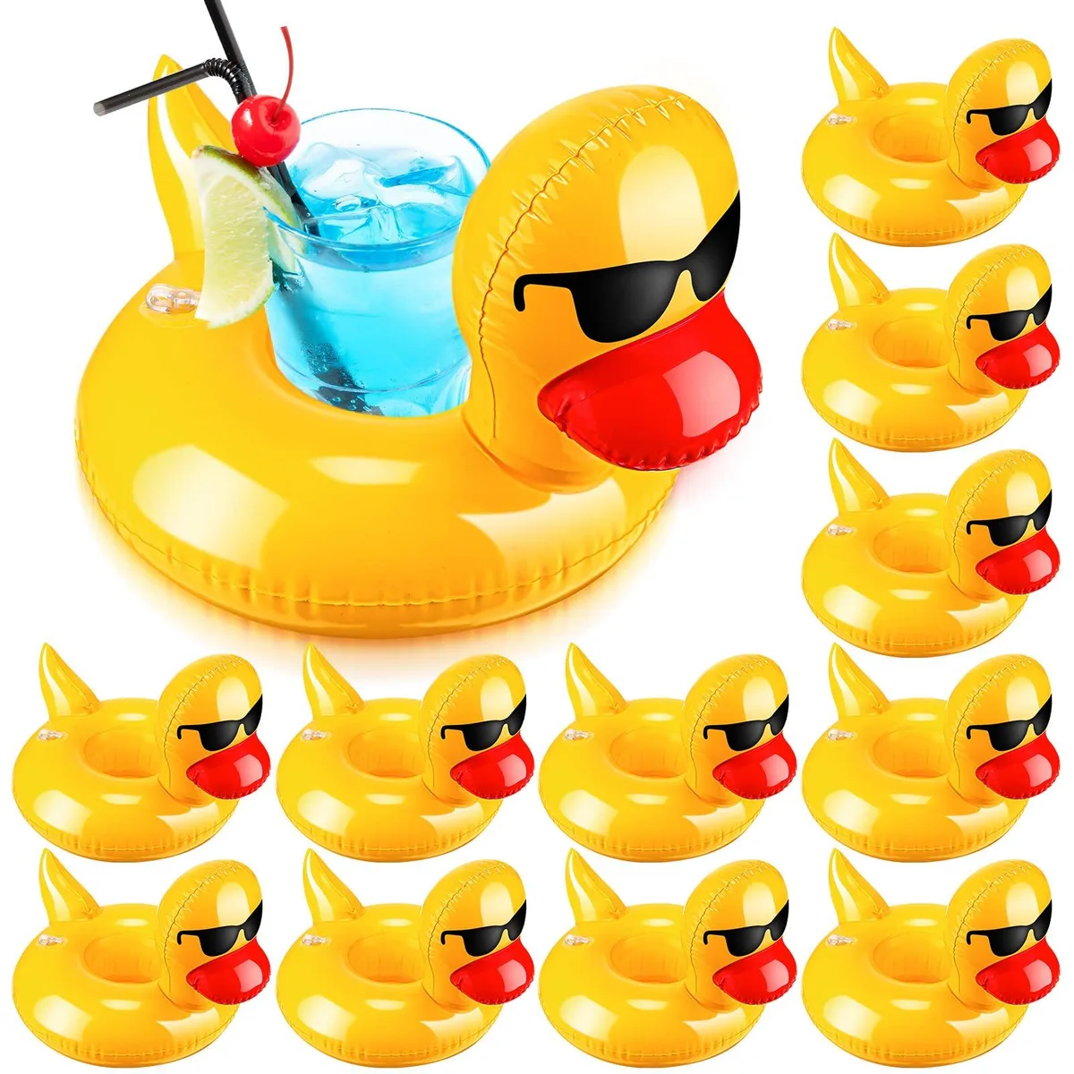 Twelve yellow inflatable duck drink floats for pools