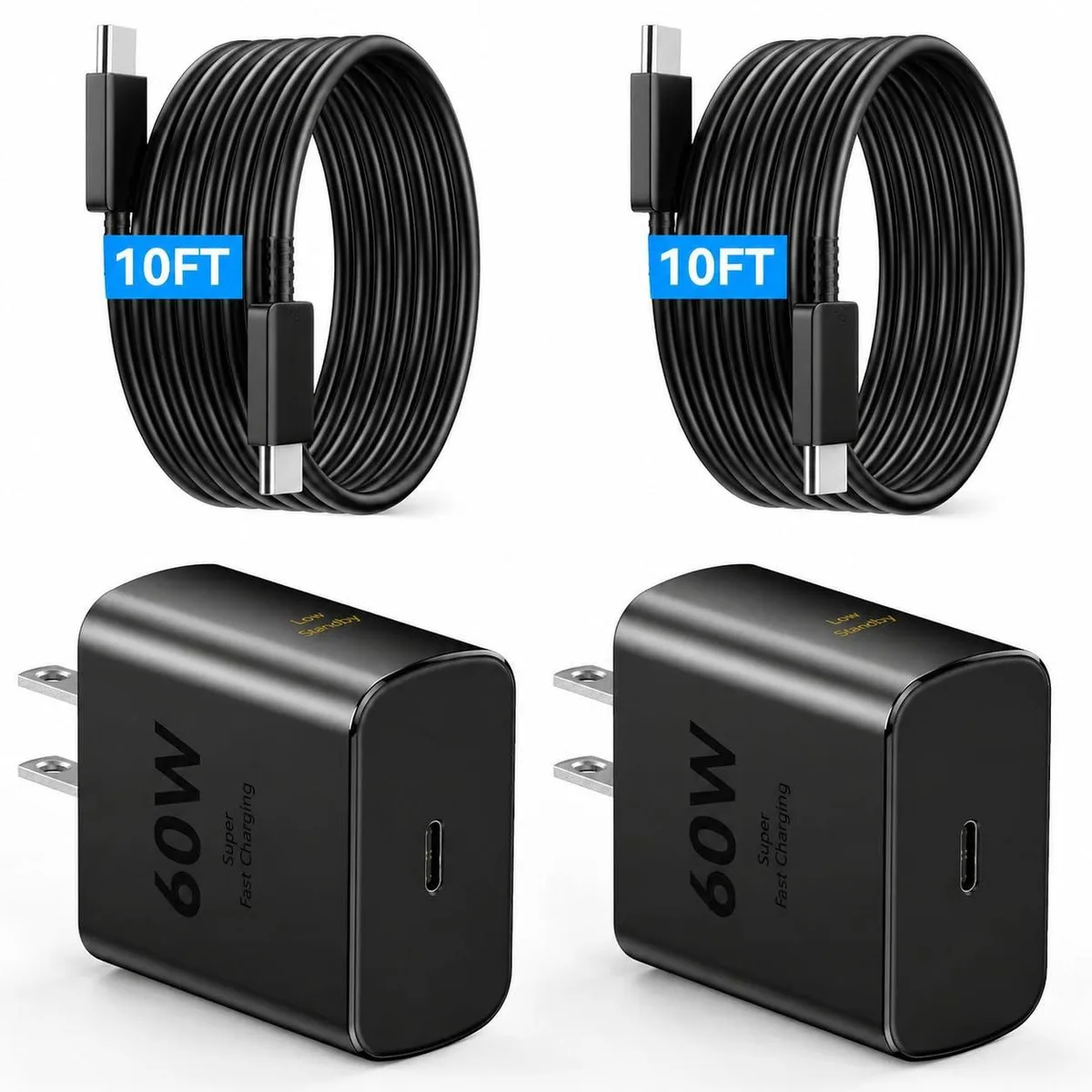 No Sew No Sew XHD-6002-1C 60W USB-C Charger 2-Pack with 10FT Cables — product photo